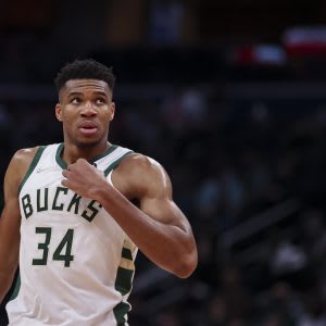 Giannis Antetokounmpo #34 of the Milwaukee Bucks looks on W"" during the second half at Capital One Arena on November 7, 2021